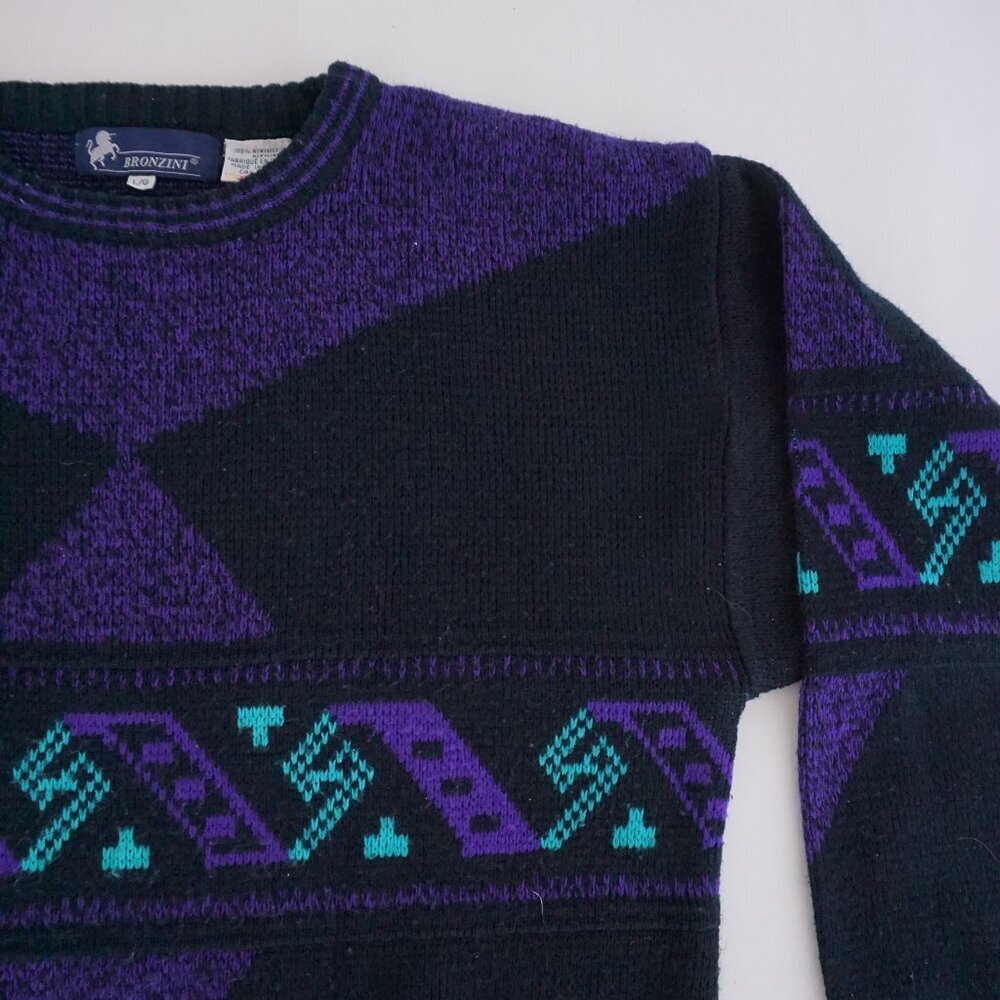 Vintage Bronzini Purple Black Geometric Knit Sweater Abstract Pattern Large - Picture 6 of 10